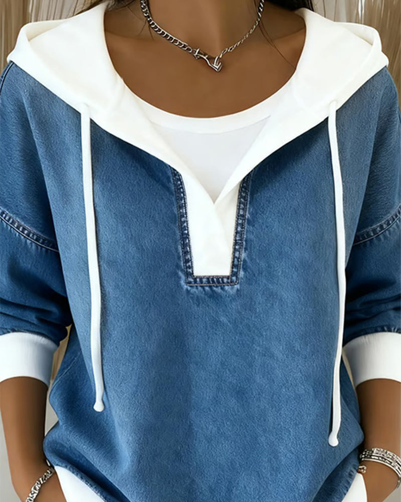 Hooded Sweatshirt with Laces and Denim Panels