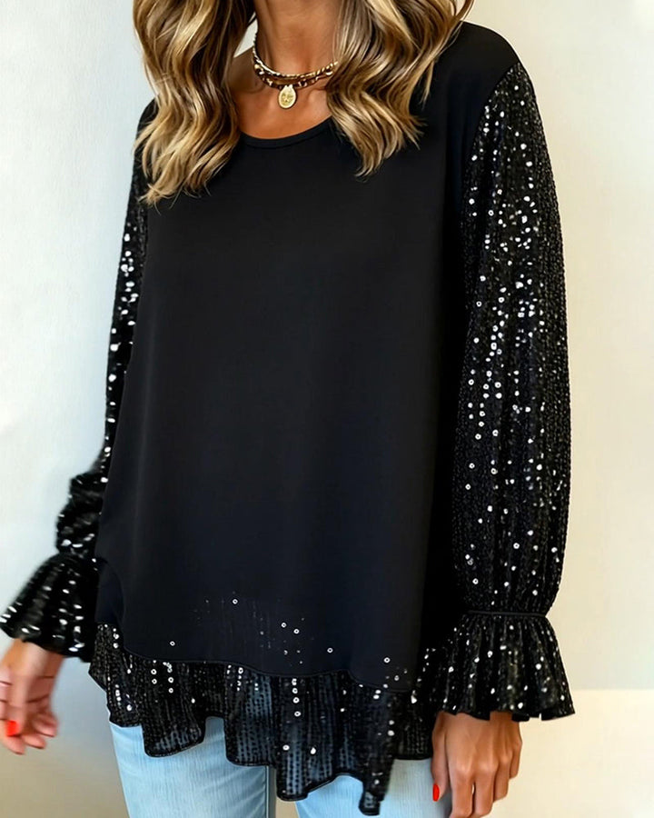 Balloon-sleeved top with a round neck