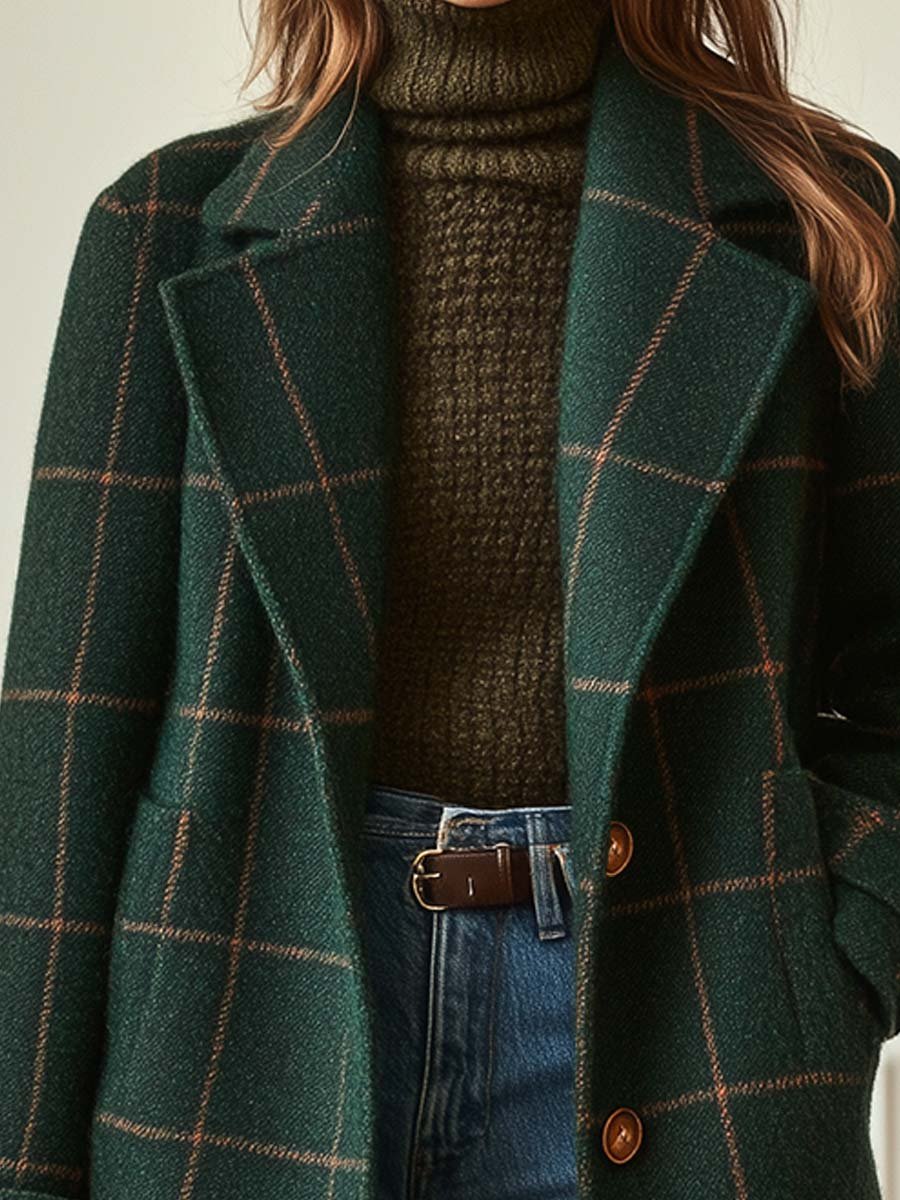 Women's Check Tweed Coat with Retro Collar