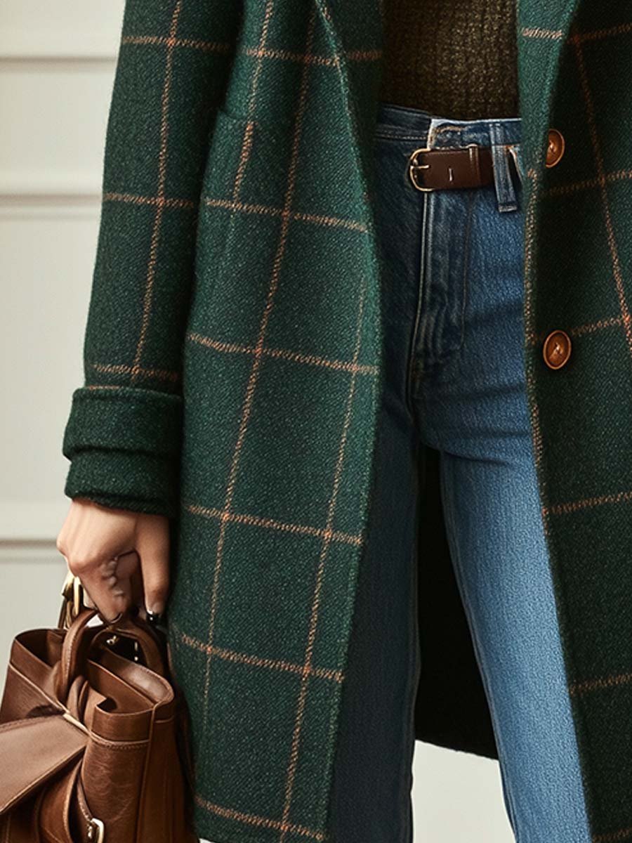 Women's Check Tweed Coat with Retro Collar