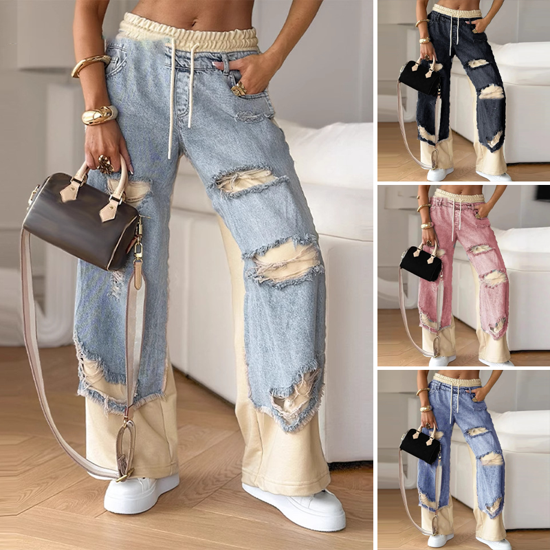 Patchwork Denim Elastic Drawstring Wide-Leg Pants