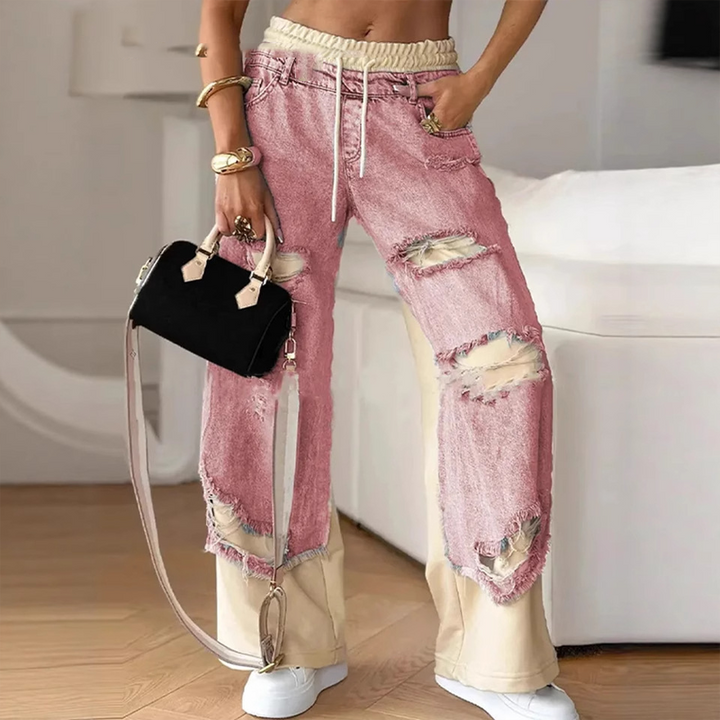 Patchwork Denim Elastic Drawstring Wide-Leg Pants
